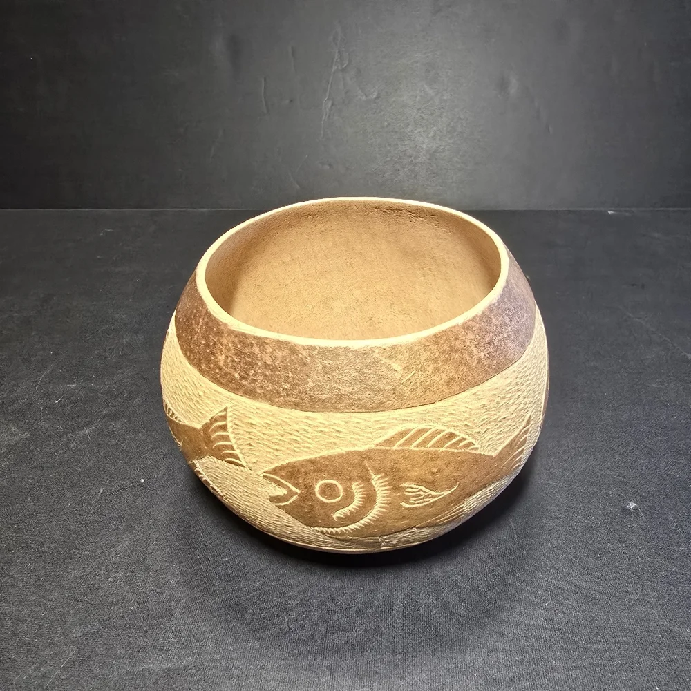 Hand Carved Gourd With Lid Small Folk Art Nautical Decor